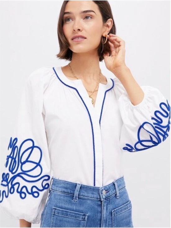 Hyacinth House Tops - Tuckernuck Hyacinth House White Royal Blue Soutache Stella Blouse Embroidered M